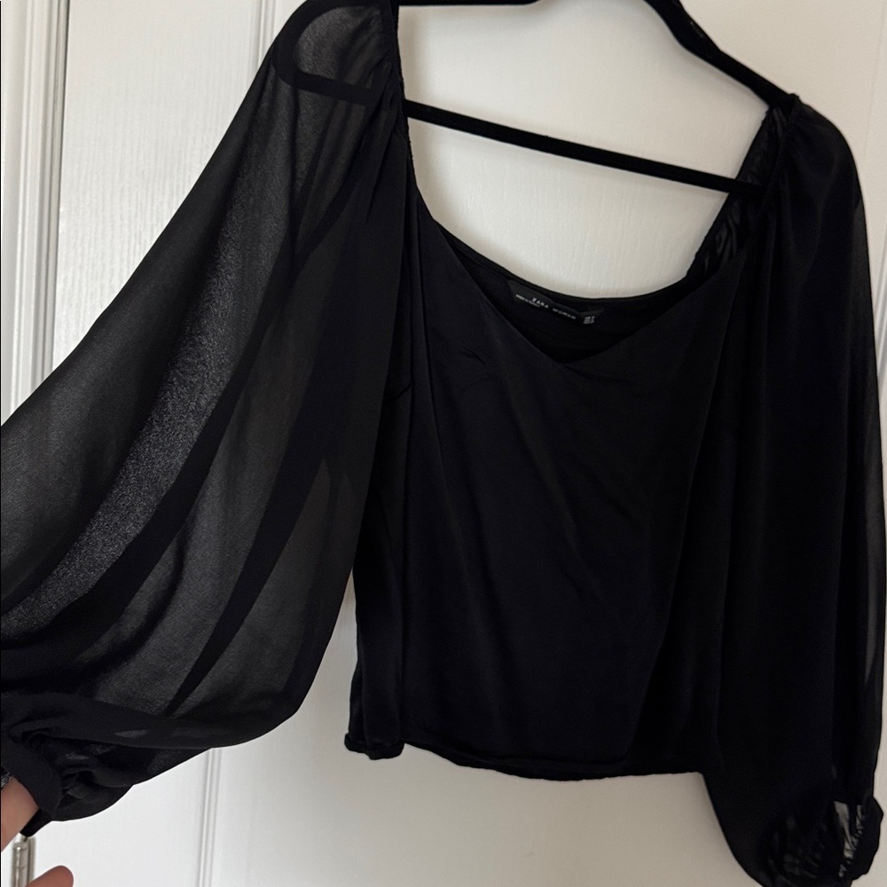 Zara Black Sheer Long Sleeve cropped Blouse